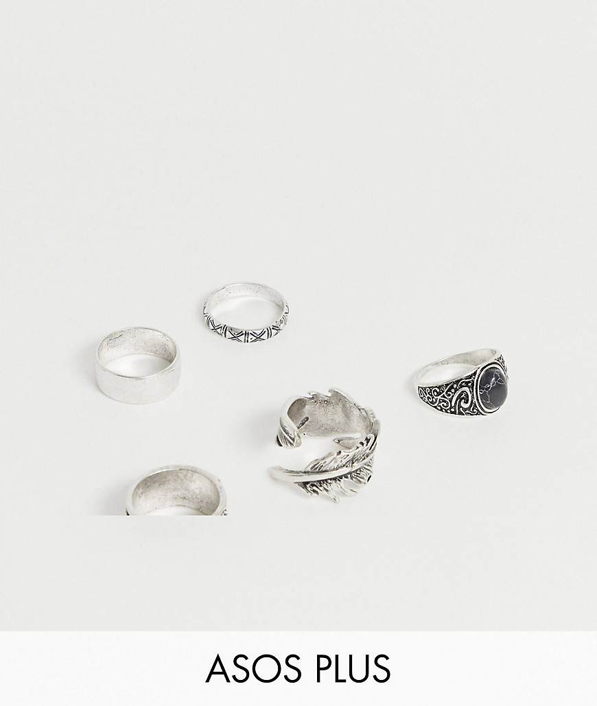 ASOS DESIGN – Plusstorlek – Flerpack med grova ringar i borstat silver med fjädrar och svarta stenar