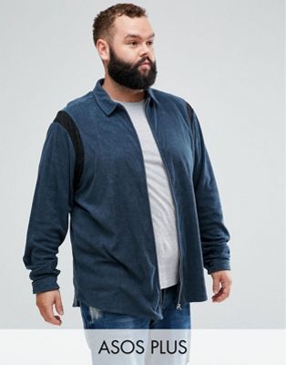 ASOS DESIGN – Plusstorlek – Marinblå skjorta i frotté med dragkedja och normal passform