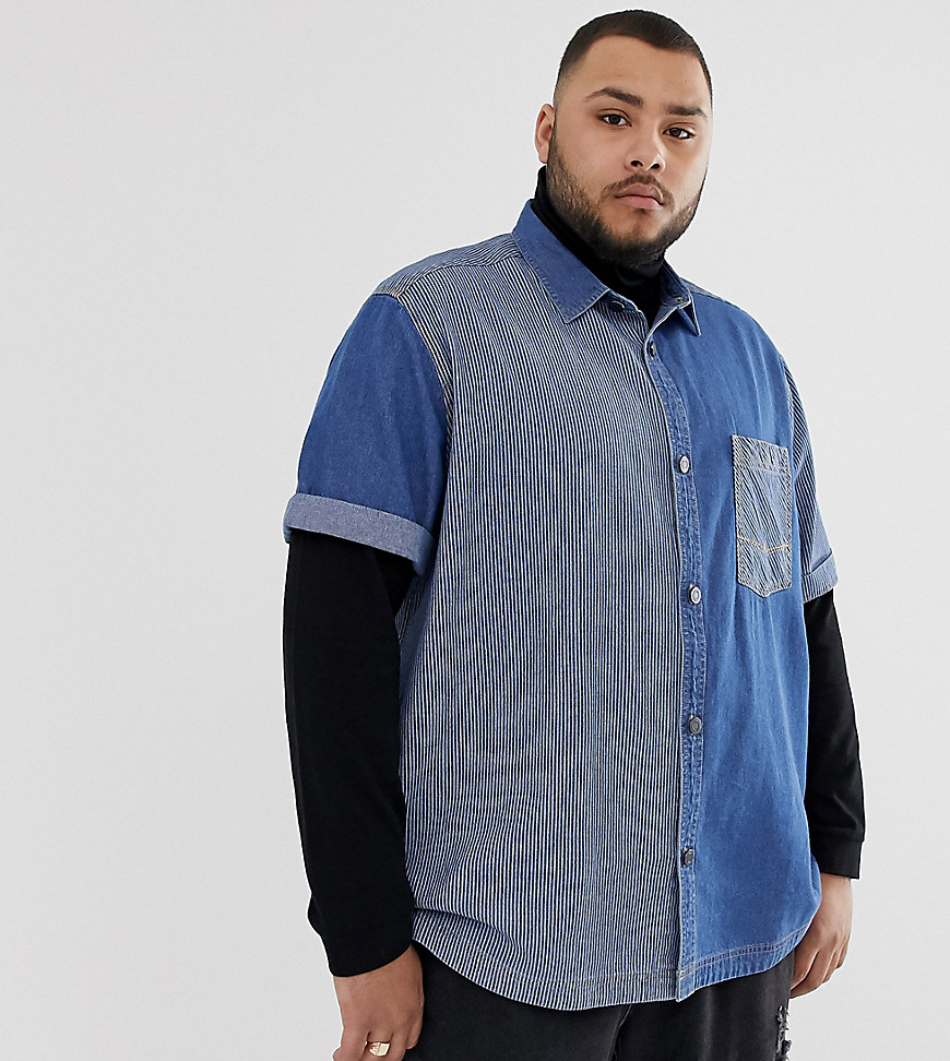 ASOS DESIGN – Plusstorlek – Randig panelsydd jeansskjorta i 90-talsstil med oversize-passform-Blå