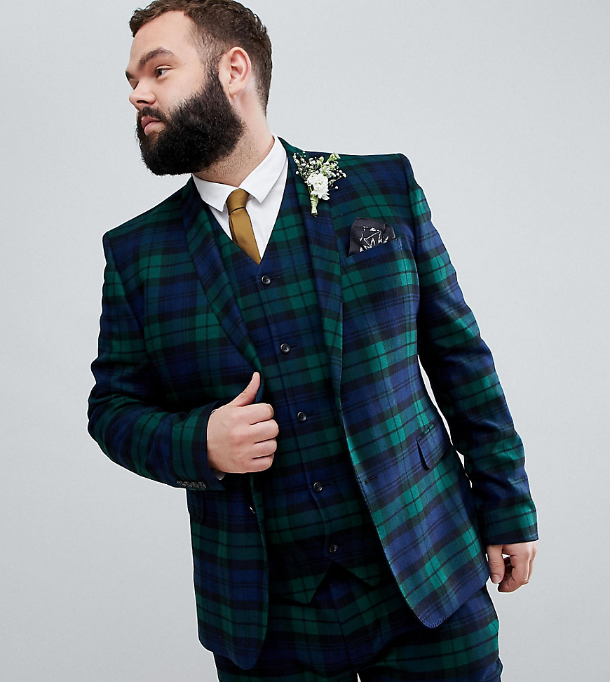 ASOS DESIGN – Plusstorlek – Skotskrutig kostymjacka med extra smal passform för bröllopet-Grön
