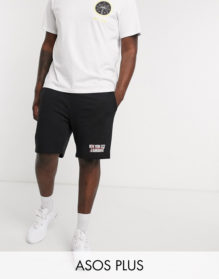ASOS DESIGN – Plusstorlek – Svart jersey-shorts i skinny fit med NYC-tryck