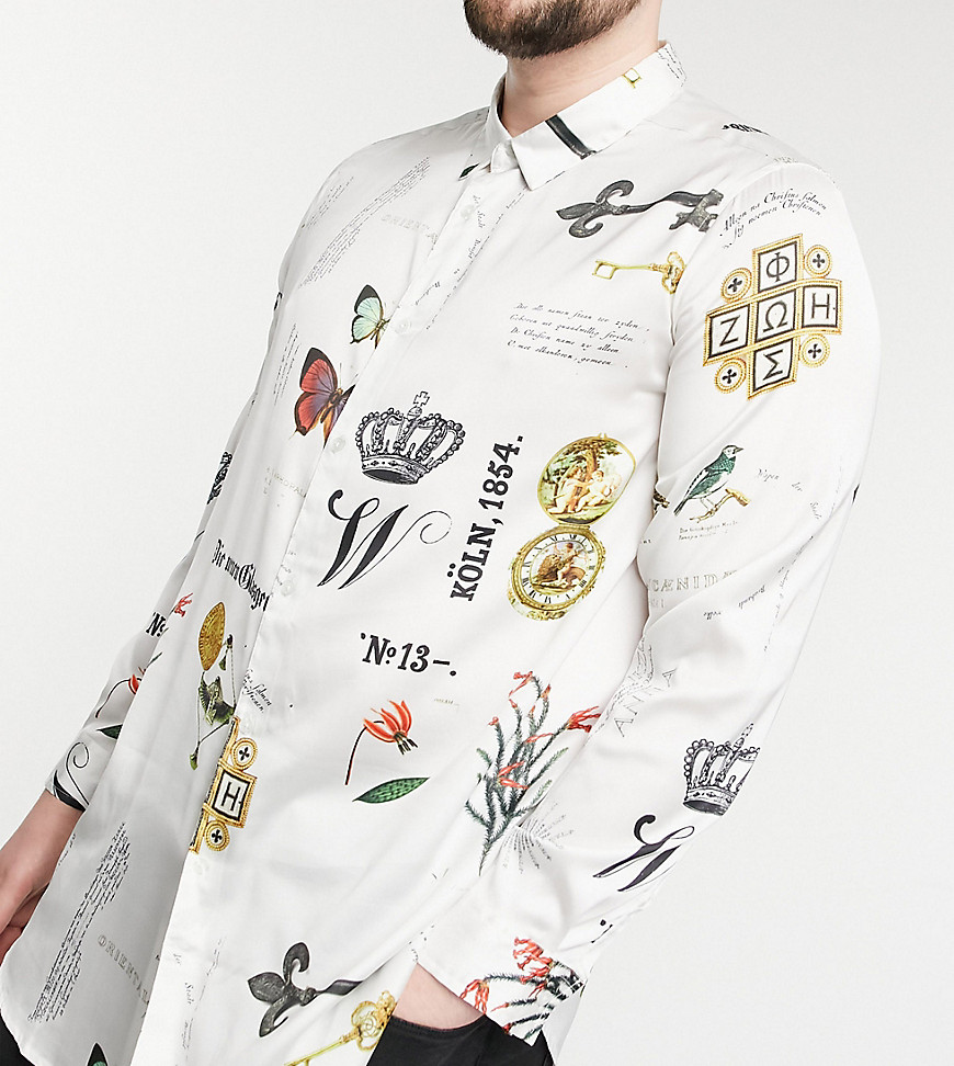 ASOS DESIGN – Plusstorlek – Vit satinskjorta i lång modell med placerade tryckta motiv-Svart