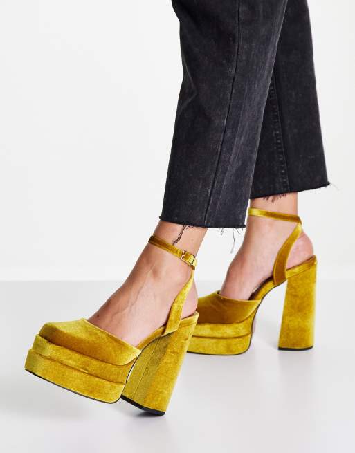 ASOS DESIGN - Pluto - Fluwelen schoenen met hak en plateauzool in mosterd, 4 van 4