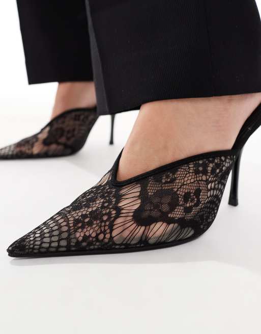 ASOS DESIGN Pluto high heel mules in black lace