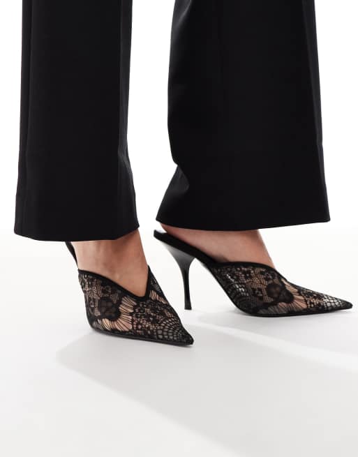 ASOS DESIGN Pluto high heel mules in black lace