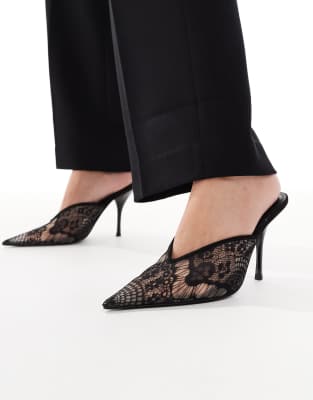ASOS DESIGN - Pluto - Mules aus schwarzer Spitze mit hohem Absatz