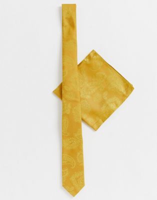 ASOS DESIGN - Pochet en smalle stropdas van jacquard met paisleymotief in mosterdgeel