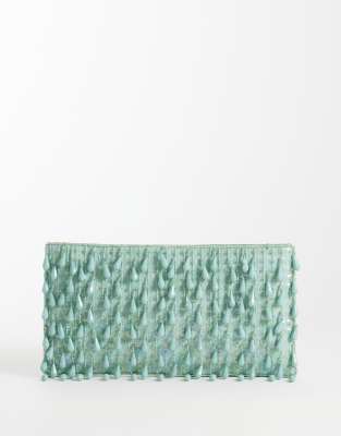 ASOS DESIGN - Pochette à fermeture éclair sur le dessus avec franges ornementées - Bleu clair