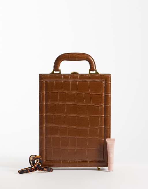 ASOS DESIGN pochette a mano effetto coccodrillo color cammello chiaro, 3 di 5
