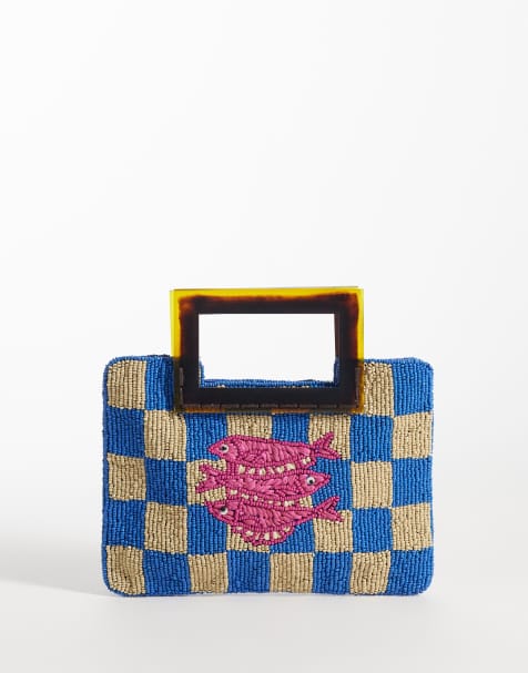 ASOS DESIGN - Pochette blu a quadri con manico in resina di pesce con perline - view 1