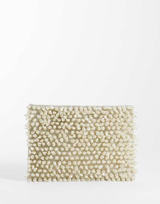 ASOS DESIGN - Pochette color crema con perline e zip sulla parte superiore