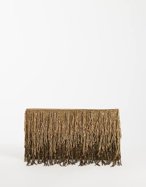 ASOS DESIGN - Pochette color oro decorata con perline e frange e zip