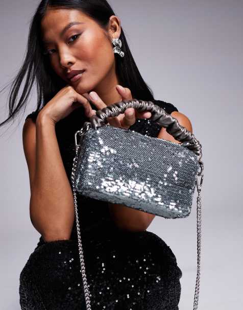 ASOS DESIGN - Pochette con paillettes argentate, manico arricciato e tracolla rimovibile - view 1