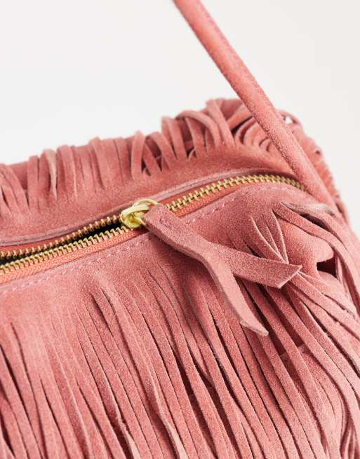ASOS DESIGN - Pochette en daim à franges avec bandoulière amovible - Vieux rose, 3 de 4