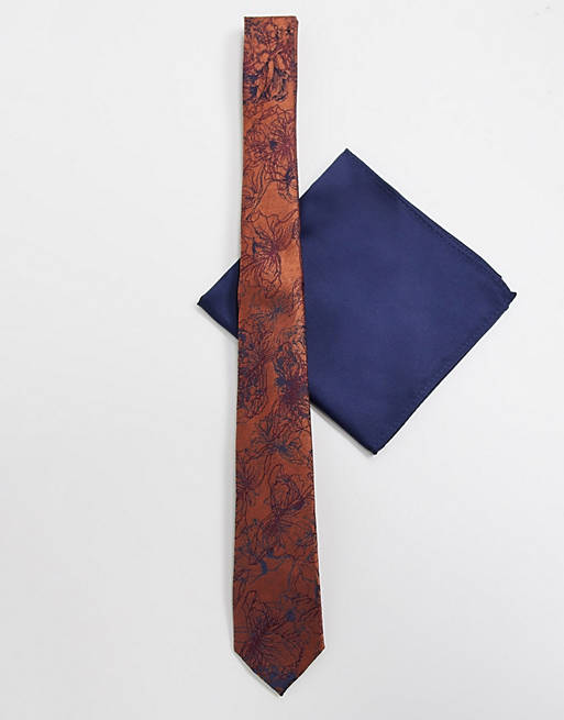 ASOS DESIGN - Pochette et cravate fine à fleurs - Rouge et bleu marine