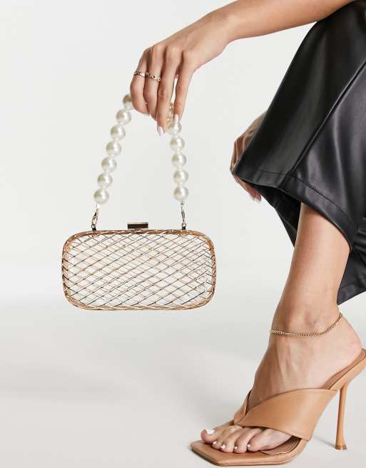 ASOS DESIGN Pochette fa on cage avec poign e en perles Dor ASOS