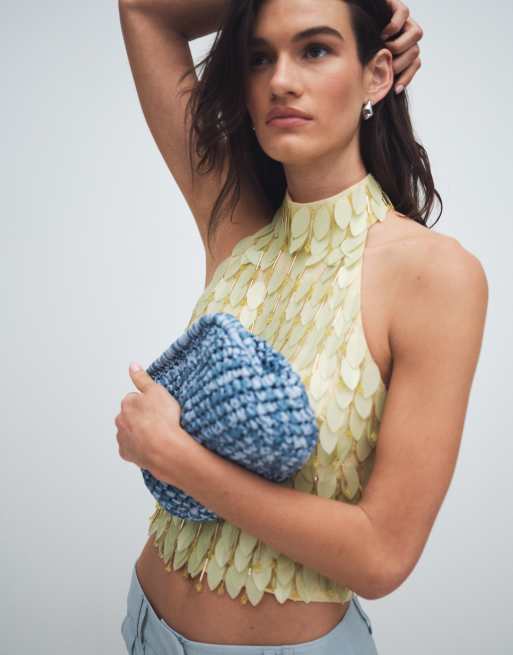 ASOS DESIGN - Pochette in paglia lavorata a mano blu con tracolla rimovibile, 4 di 7