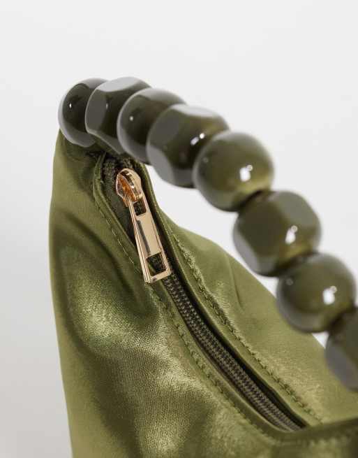 ASOS DESIGN pochette in raso con manico a sfera in resina, khaki, 3 di 4