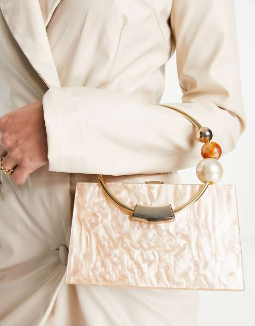 ASOS DESIGN - Pochette in resina beige marmorizzata con manici in metallo con perle, 4 di 4