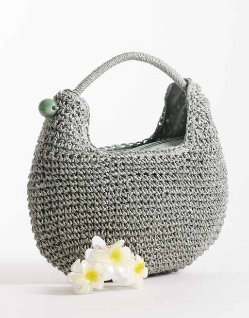 ASOS DESIGN - Pochette incurvée en paille crochetée à la main avec boules en résine - Bleu, 2 de 4