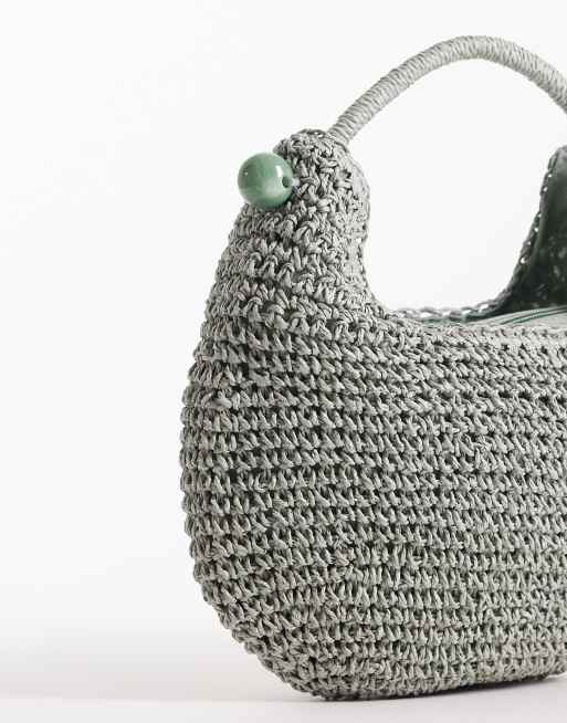ASOS DESIGN - Pochette incurvée en paille crochetée à la main avec boules en résine - Bleu, 3 de 4