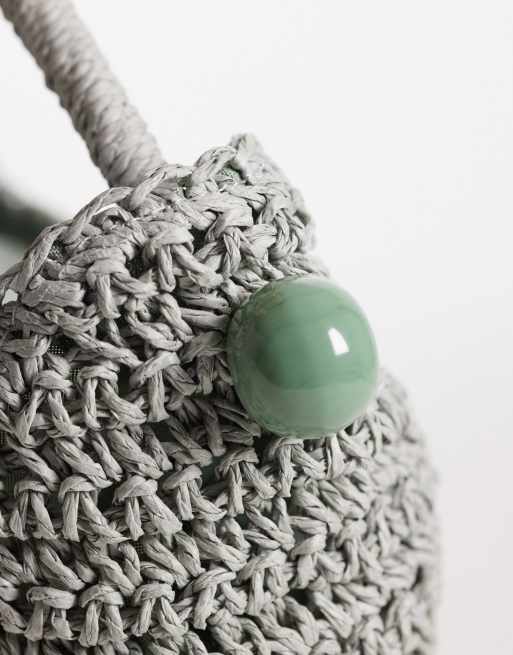 ASOS DESIGN - Pochette incurvée en paille crochetée à la main avec boules en résine - Bleu, 4 de 4