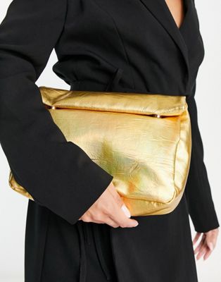 ASOS DESIGN iridescent roll top clutch bag in gold  - ASOS Price Checker