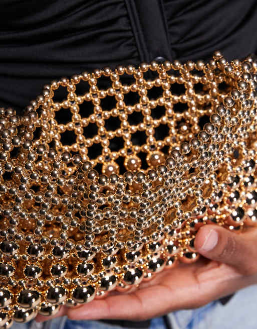 ASOS DESIGN - Pochette oro con perline in metallo e tracolla regolabile, 3 di 4