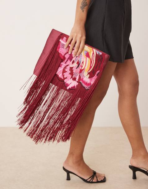 ASOS DESIGN - Pochette rosa acceso con nappe, fiore ricamato e zip superiore - view 1