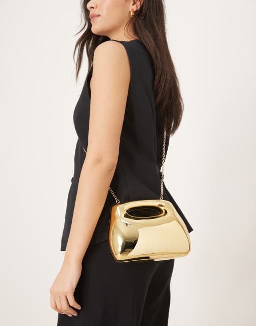 ASOS DESIGN - Pochette squadrata oro con catenina con manico rigido, 4 di 4