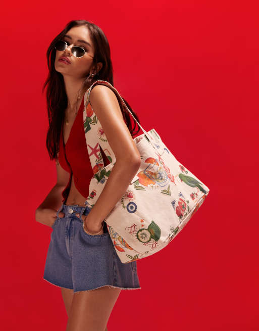 ASOS DESIGN – Płócienna torba typu tote z nadrukiem pocztówkowym w kolorze naturalnym