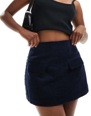 ASOS DESIGN pocket detail cord skirt in navy-Blue