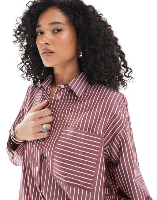 ASOS DESIGN pocket detail oversized shirt in burgundy stripe - part of a set, 3 of 4