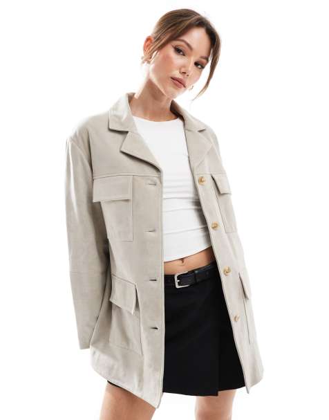 ASOS DESIGN pocket detail real suede jacket in stone - view 1