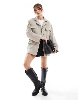 Asos Design Pocket Detail Real Suede Jacket In Neutral