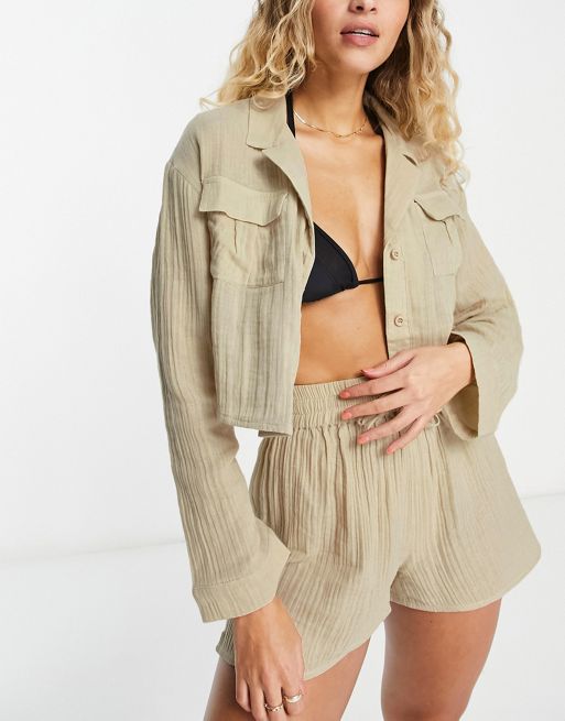 ASOS DESIGN pocket oversized beach shirt in double gauze in oatmeal - part  of a set