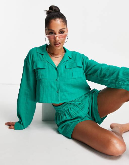 ASOS DESIGN pocket oversized double gauze co ord beach shirt in emerald green