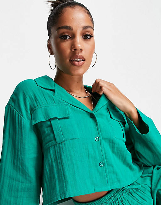 Tops Shirts & Blouses/pocket oversized double gauze co ord beach shirt in emerald green 