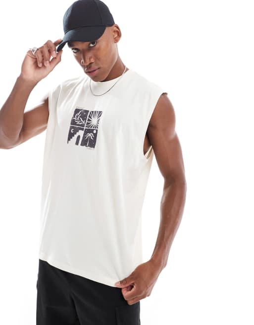 ASOS DESIGN – Podkoszulek oversize w kolorze złamanej bieli z nadrukiem na piersi