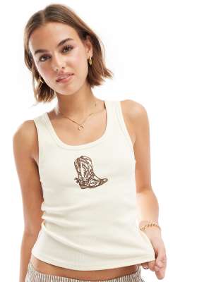 ASOS DESIGN – Podkoszulek w kolorze ecru z haftowanym kowbojskim wzorem
