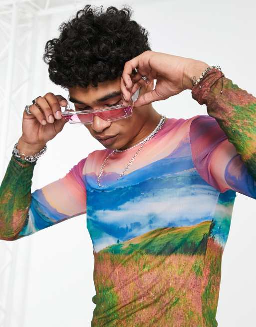 ASOS DESIGN – Podkreślający sylwetkę T-shirt z długimi rękawami z siateczki z motywem krajobrazu – MULTI