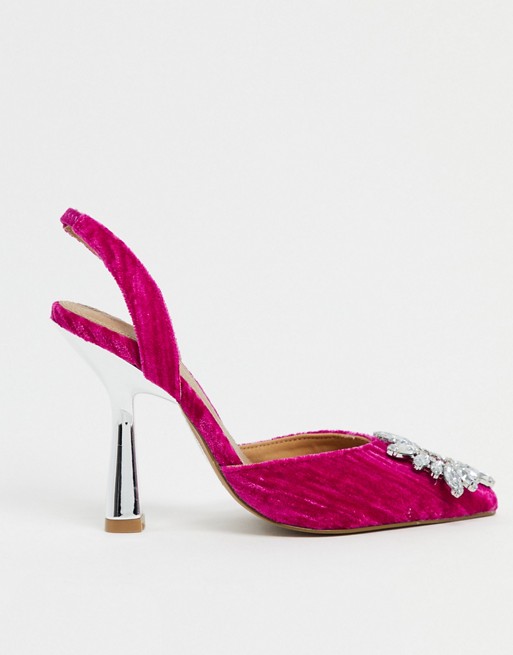 ASOS DESIGN Poetic embellished high heels in pink velvet