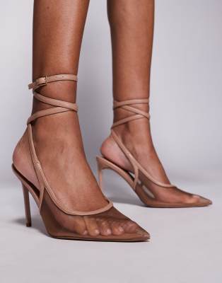 ASOS DESIGN - Poetry - Absatzschuhe in Beige mit Fersenriemen, Netzstoff-Detail und hohem Absatz-Neutral