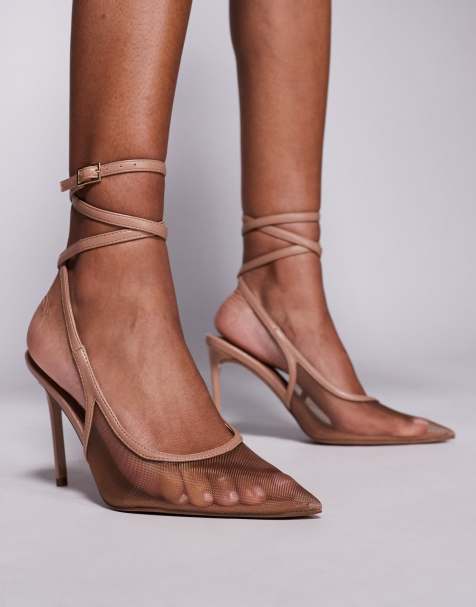ASOS DESIGN – Poetry – Absatzschuhe in Beige mit Fersenriemen, Netzstoff-Detail und hohem Absatz - view 1