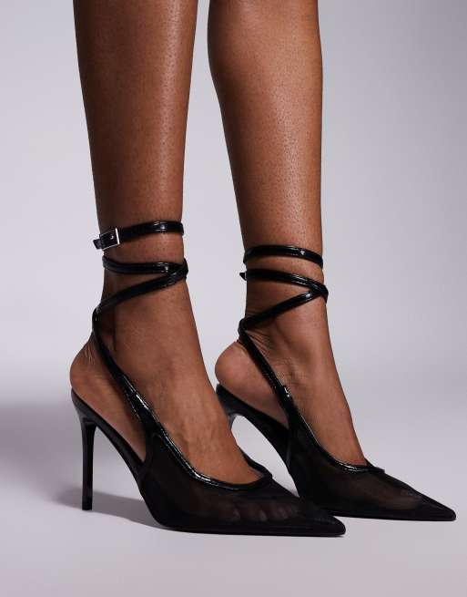 ASOS DESIGN – Poetry – Czarne siateczkowe buty na wysokim obcasie z paskiem za piętą