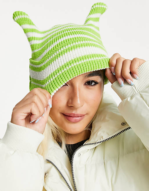 ASOS DESIGN pointed rib beanie in green and white stipe