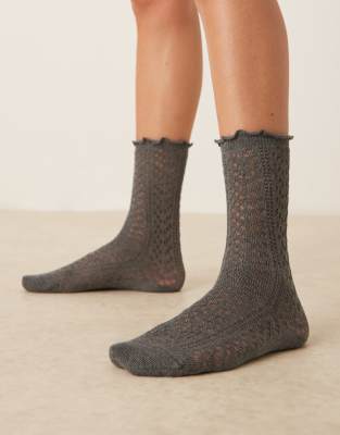 pointelle ankle socks with frill edge in charcoal gray