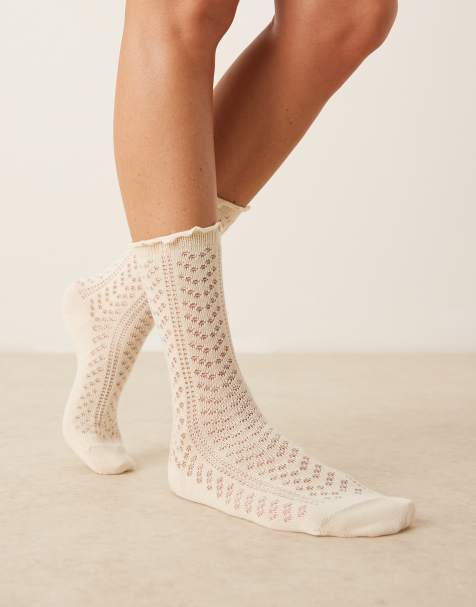 ASOS DESIGN pointelle ankle socks with frill edge in ecru - view 1