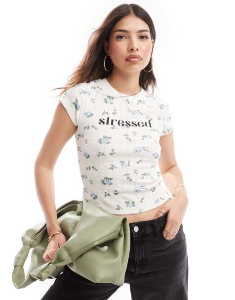 ASOS DESIGN pointelle baby tee with stressed graphic in floral print - view 1