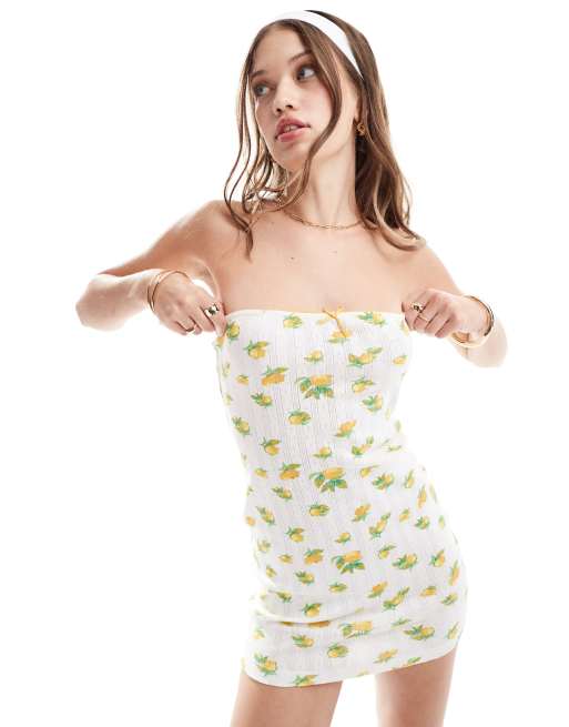 ASOS DESIGN pointelle bandeau mini dress in lemon fruit print ASOS